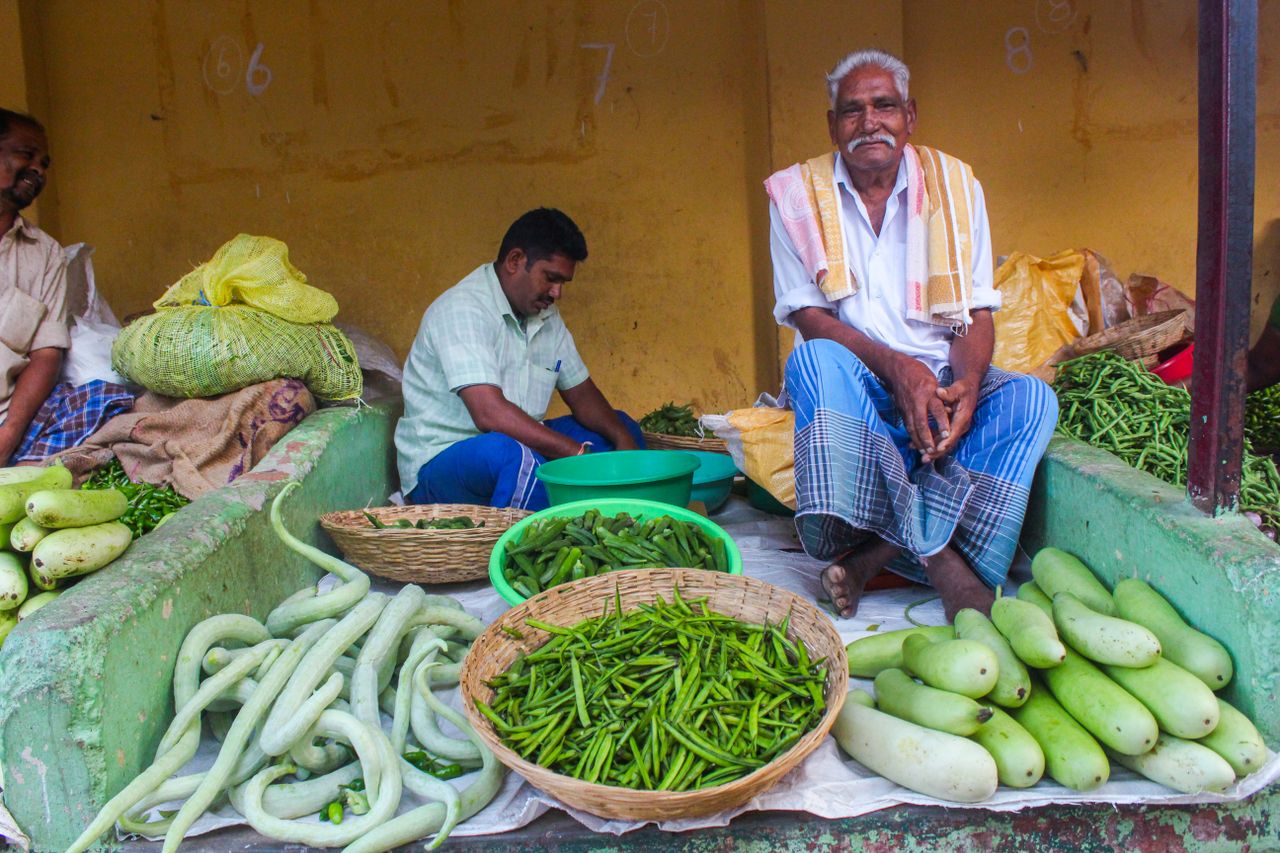 Fresh vegetables on display at a local market in Cumbum, India, highlighting vibrant street life.